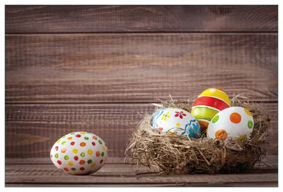 Produktbild von Wallario Küchenrückwand aus Glas, Größe: 90 x 60 cm, Motiv: Bunte bemalte Eier an Ostern im Vorgelnest vor hölzerner Wand | Spritzschutz | abwischbar | pflegeleicht | in