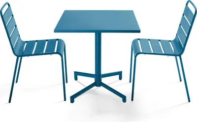 Image de Ensemble table 70 cm et 2 chaises de jardin en métal bleu pacific - Oviala Palavas