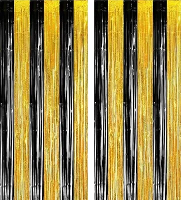 Produktbild von 2 Stück Lametta Vorhänge Schwarz-Gold Glitzer Hintergrund Dekoration Folien Fransen Silvester Geburtstag Hochzeit Partydeko Luftschlangen Deko