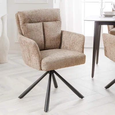 Produktbild von riess-ambiente Drehbarer Stuhl BIG GEORGE beige Strukturstoff mit Armlehne Metall schwarz Esszimmerstuhl Essstuhl Drehstuhl