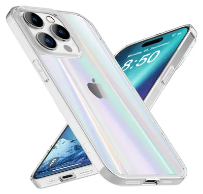 A clear iridescent iPhone case is shown diagonally, with another iPhone screen visible behind it.
