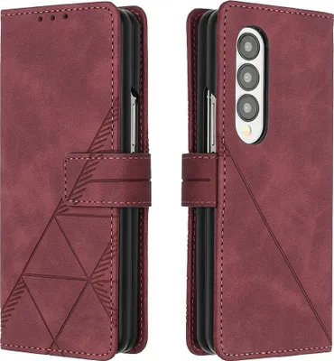 Produktbild von Galaxy Z Fold4 Hülle, Schlank Prägung Flip Leder Kartenfächer Schutzhülle mit Ständer für Samsung Galaxy Z Fold4 Rot