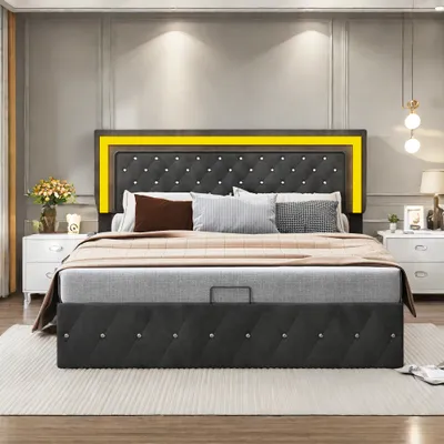 Zdjęcie produktu dla Czarne łóżko tapicerowane ProximaX 160x200 cm, podwójne łóżko z miejscem do przechowywania, zagłówkiem o regulowanej wysokości, oświetleniem LED i stelażem z listew, aksamitne pokrycie