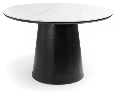 Produktbild von Esstisch - Ø 115 cm - Schwarz - Weiß - MDF - travertine Keramikplatte - rund