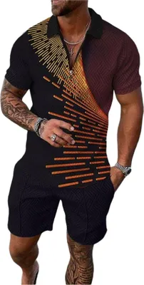 Produktbild von ASKSA Herren Sommer Trainingsanzug Polo Hemd Set Kurzarm T-Shirts und Shorts Outfit Freizeitanzug, Schwarz&Braun, Groesse: L