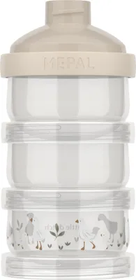 A stackable milk powder dispenser with a lid and three containers, featuring a subtle goose illustration on the bottom container.