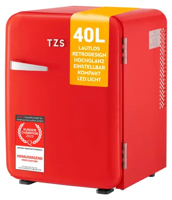 Produktbild von TZS First Austria - Retro Mini Kühlschrank 40L lautlos - Minibar im Vintage-Design mit Innenbeleuchtung & 2 Türfächern - Rot