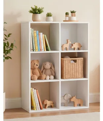 Obrázek produktu pro Bílá regálová skříňka s 6 přihrádkami, stojací regál, rozdělovač prostoru, rozměry 62,5 x 29,5 x 93 cm