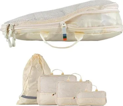 Produktbild von Famanu Packtaschen Set mit Kompression aus recycelten Plastikflaschen, leichte Packtaschen, Set für Rucksack und Koffer (sandbeige, 4-teilig)