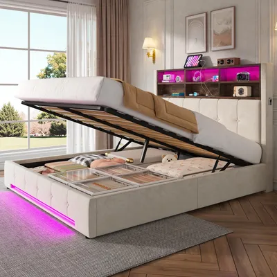 Zdjęcie produktu dla Łóżko tapicerowane 160 x 200 cm, aksamitne, szare, z mechanizmem hydraulicznym, schowkiem, zagłówkiem, półką, portem USB-C i oświetleniem LED. Bez materaca. Ciche. Nośność do 300 kg