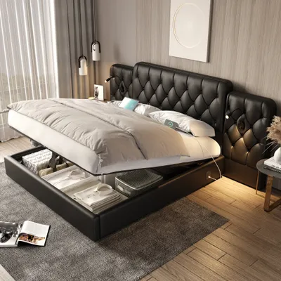 Produktbild von AIORBER Bettgestell,160x200cm,mit verlängerter Kopfteil,USB-Anschlüssen&Leselampen,Hydraulisches bett mit Stauraum,Eisenrahmen mit Holzlatten, Schwarz