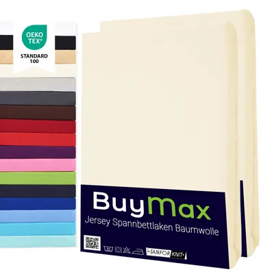 Produktbild von Buymax Spannbettlaken 120x200cm Doppelpack 100% Baumwolle Spannbetttuch Bettlaken Jersey, Matratzenhöhe bis 25 cm, Farbe Creme