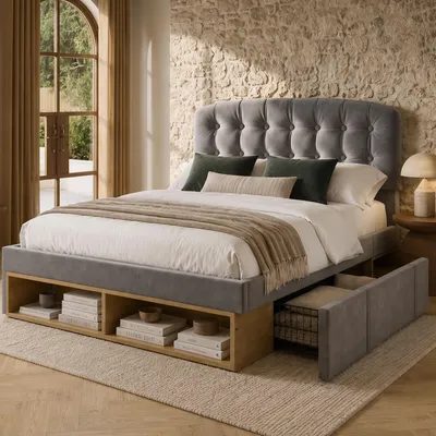 Image de Lit tapissé 140x200 cm, couleur gris, en velours, avec sommier à lattes, repose-tête réglable en hauteur, tiroirs et espace de rangement. Structure de lit rembourrée, sans matelas