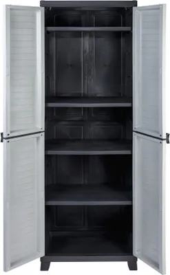 An open, empty plastic storage cabinet with multiple shelves.