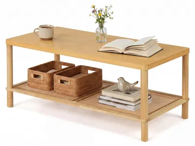 Zdjęcie produktu dla Stolik pomocniczy COSTWAY z drewna, stolik do salonu z półką z rattanu, stolik kawowy z regulowanymi nogami, mały stolik, wymiary: 100 x 52 x 45 cm, kolor: naturalny