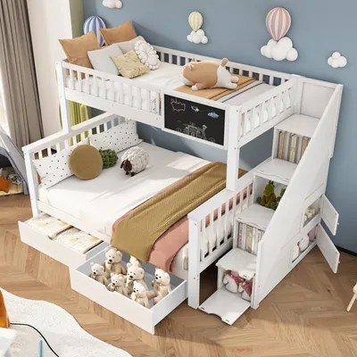 Produktbild von MODFU Etagenbett Kindebett 90×200&140×200 mit Tafel und Schubladen,Doppelbett Jugendbett mit Schubladen,ohne Matratze, weiß