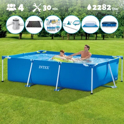 Produktbild von Intex-Schwimmbecken mit rechteckigem Rahmen – 260 x 160 x 65 cm – Blau – im Lieferumfang enthalten Abdeckung - Bodenplane - Filterpumpe für Schwimmbad - Solarmatte - Wartungspaket - Reinigungskit
