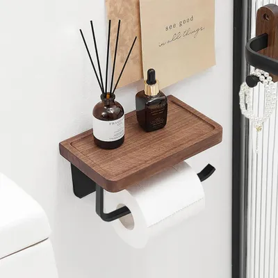 Produktbild von Toilettenpapierhalter aus Holz mit Ablage für Wandmontage