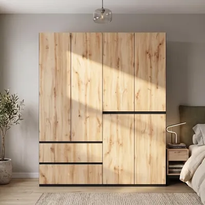 Productafbeelding van Kledingkast met kledingstangen en deuren, garderobe met lades, hoge kast met opbergruimte, 180 x 50 x 200 cm, naturel, PB+MDF, AI-gegenereerde afbeelding