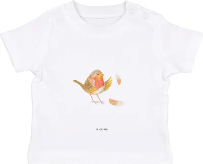 Produktbild von Mr. & Mrs. Panda Babyshirt Rotkehlchen Federn 0. - 6. Monat - Weiß - Geschenk, Motivationsbilder, Vogel, , Baby Top, T-Shirt, Spruch Mut, fliegen, Motivation Sprüche
