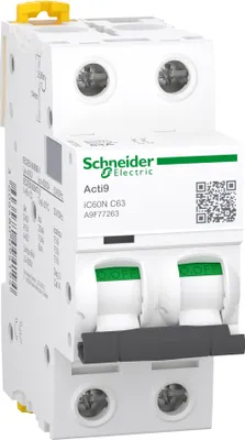 Image de Acti9 iC60N - Disjoncteur - 2P - 63A - Courbe C - 400Vca - 6000A/10kA - SCHNEIDER ELECTRIC - A9F77263