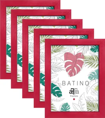 A set of five red picture frames arranged in a staggered diagonal pattern.