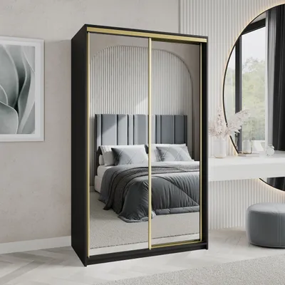 Produktbild von Masseno Schiebetürenschrank RIEN 120/205/60 cm Kleiderschrank mit Schubladen Schlafzimmer Schrank 2-türig mit Spiegel Schwarz + Gold