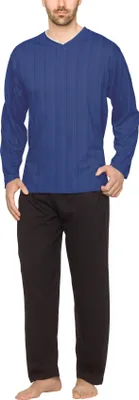 Produktbild von Moonline - Herren Schlafanzug lang aus 100% Baumwolle mit V-Ausschnitt und Streifen-Design ; blau , M