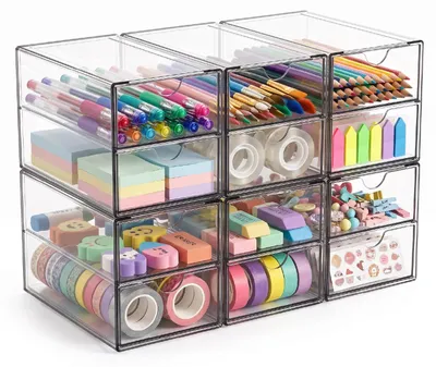 Organizer mit 12 Acryl-Schubladen, stapelbar, transparent