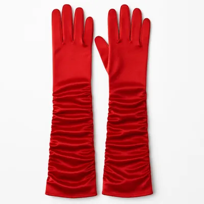 Produktbild von Fries Damen Handschuhe Rot Lang Gerafft Elegant Abendmode Ball Hochzeit Kostüm