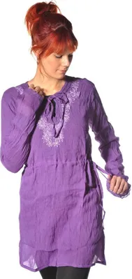Produktbild von Langarm Bluse Oberteil Longshirt Kleid Shirt Träger Tank Schluppenbluse Hippie Tunika Zarina, lila S/M
