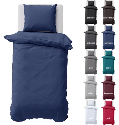 Produktbild von Bettwäsche 155x220 cm Bettbezug 100%Baumwolle Renforce Einfarbig Bettgarnitur Set Navy Blau 2 teilig