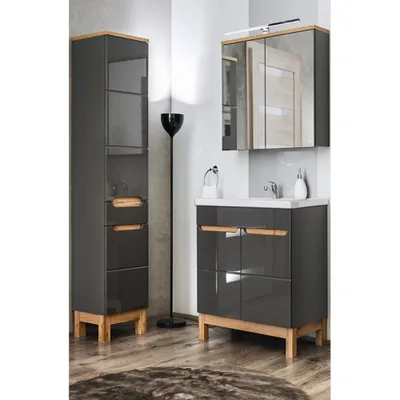Produktbild von Badezimmer Waschplatz Set mit 60cm Keramik-Waschtisch & LED-Spiegelschrank SOLNA-56 in Hochglanz grau mit Eiche, B/H/T ca.: 110/200/46 cm