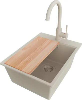 Produktbild von PRIMAGRAN Granitspüle Beige 38x50cm, Spülbecken 1 Becken + Küchenarmatur 32x20cm + Ablauf-Set + Schneidebrett, Küchenspüle ab 40er Unterschrank - Oslo