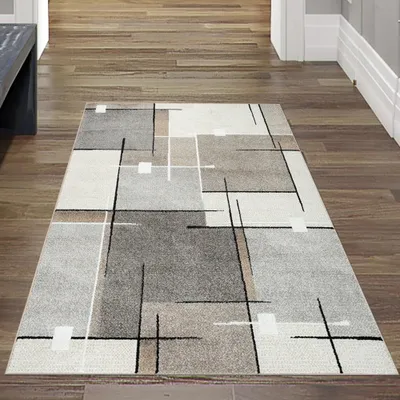 Produktbild von Moderner Teppich mit grafischem Muster in Beige, Grau und Creme – Eleganter Blickfang für jeden Raum Größe - 80x140 cm