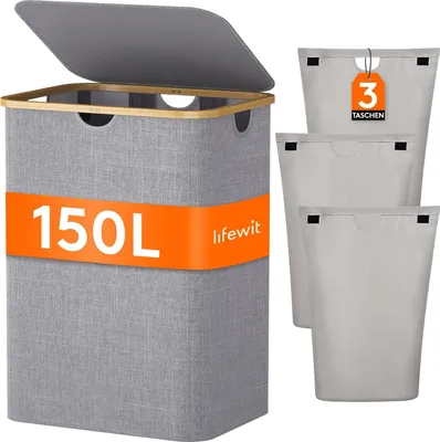 Zdjęcie produktu dla kosz na pranie 150 l z pokrywą - 3 części - duży kosz na pranie z bambusowymi uchwytami i wyjmowanymi workami na pranie - jasnoszary