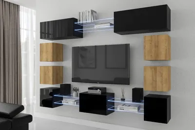 Immagine prodotto di Furnitech Parete attrezzata soggiorno - Mobili da soggiorno con LED RGB - 16 colori - Parete attrezzata moderna - Scaffali e mobile TV (Future C80N-21BDZ-HGM26)