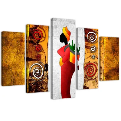Produktbild von 5-teiliges leinwandbild afrikanische frau 200x100 cm Feeby farbe wandbild bereit zum aufhängen