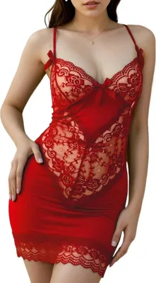Produktbild von Verführerisches Babydoll-Set mit offenem Frontverschluss – Schick Spitzen-Dessous mit V-Ausschnitt,Rot S