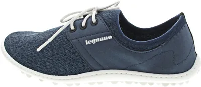 A side view of a blue Leguano shoe against a white background.