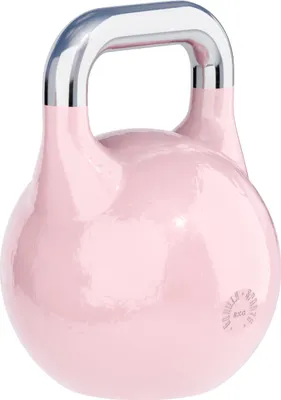 A pink kettlebell with a silver handle is shown against a white background.