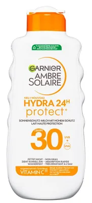 Produktbild von Garnier Ambre Solaire Hydra Protect+ 24h Sonnenschutz-Milch LSF 30 – Sonnencreme mit Vitamin C gegen dunkle Flecken – 24h Feuchtigkeit & wasserfest