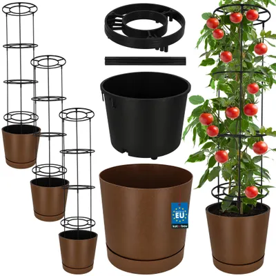 Produktbild von KOTARBAU® 3er Set Pflanztopf für Tomaten ⌀ 39 cm Blumentopf mit Rankhilfe für Kletterpflanzen Tomatenturm 141 cm Robust & Langlebig Kunststoff Braun