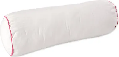 A white bolster pillow with pink trim on a white background.