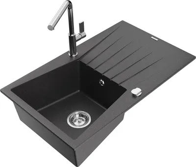 Produktbild von Mexen Cesar 1 Becken-Granitspüle mit Abtropffläche und Mischbatterie Flora, Schwarz gesprenkelt - 6514-76-670401-00