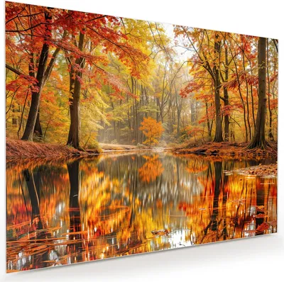 Produktbild von Glasbild 120x90cm in XXL für Wohnzimmer, Schlafzimmer Motiv Herbstwald am See