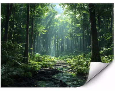 Produktbild von Fototapete Premium Für Die Wand Sonniger Dschungel mit Waldbach für Wohnzimmer Schlafzimmer und Büro 150x105 cm