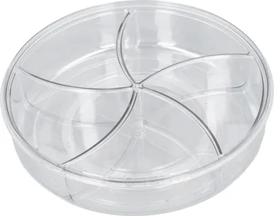 Produktbild von Snackbox mit 5 Fächern, rund, geteilt, drehbar, Serviertablett mit Deckel und Griff für Obst, transparent