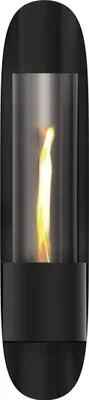 A black wall-mounted fireplace with a visible flame inside a glass cylinder.