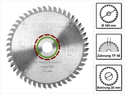 Productafbeelding van Festool speciaal cirkelzaagblad HW 160 x 2,2 x 20 mm TF48 160 mm 48 tanden ( 496308 )